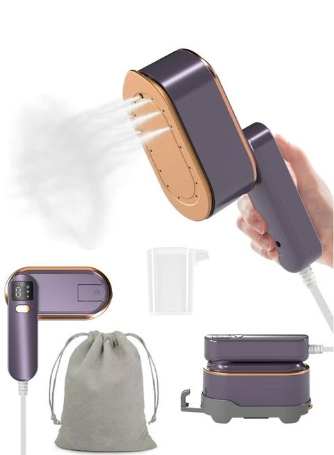 Travel Iron Clothes Steamer , 2 in 1 Portable Handheld Garment Wrinkle Remover , With storage pouch Foldable, 3 Steam Levels, 10S Fast Heat-Up, 150ML Water Tank, LCD Screen, Ideal for Travel, Home, Office Purple